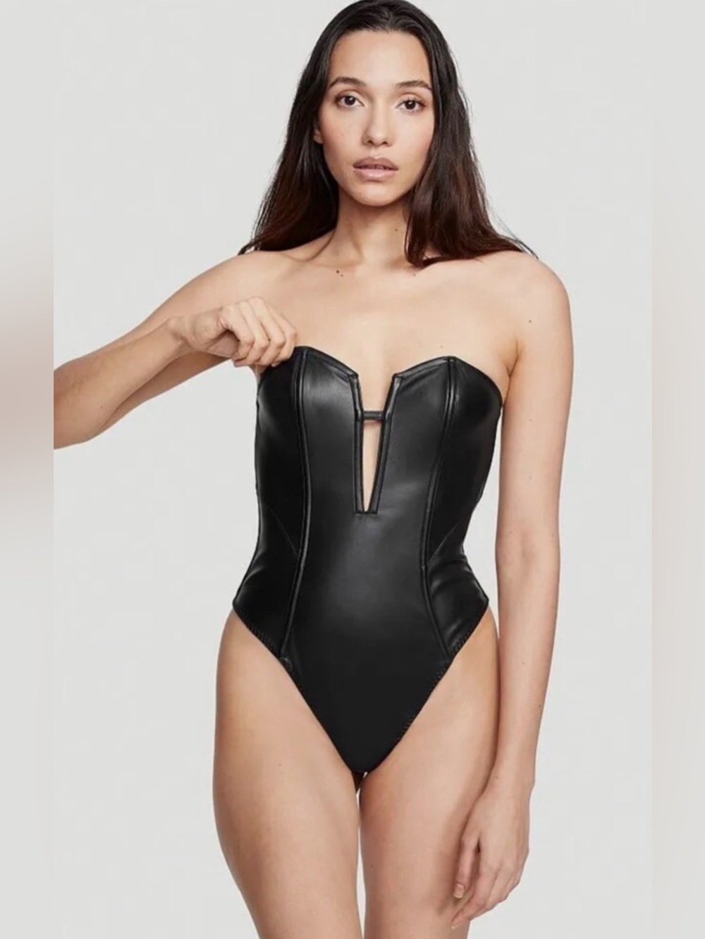 Victoria’s Secret Black Faux Leather Lace Teddy Bodysuit VERY SEXY Large NWT